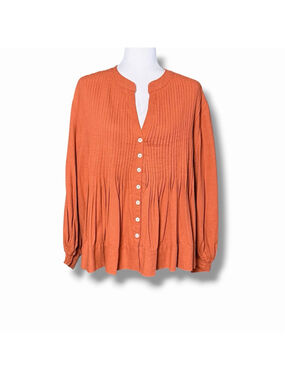 Sole by Mare Sole Linen Blend Pintuck Peplum Long Sleeve Blouse Terracotta XL